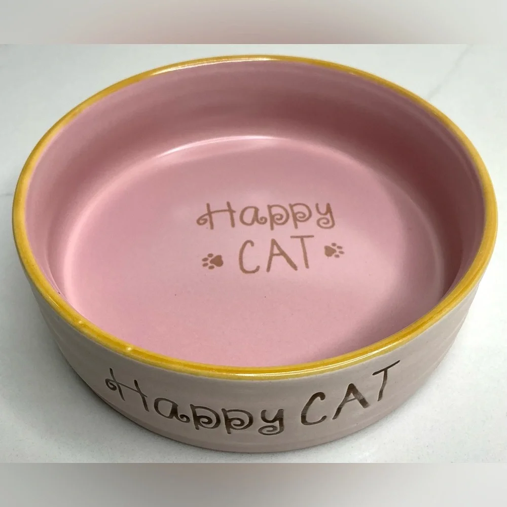 Spectrum Cat Bowl Ceramic Pink Pet Dish Food Water Happy Cat Pawprints 5.25